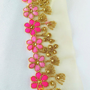 Gold Sheer Tissue Fabric Trim With Embroidered Pink & Gold Flowers, Embellished With Beads, Approx. 65 mm Wide - 210119L102
